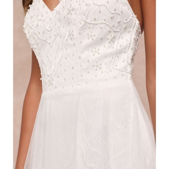 NWT LULUS Pearl Beaded Floral Embroidery Lace Tulle Sleeveless Gown With Train S - Picture 3 of 8